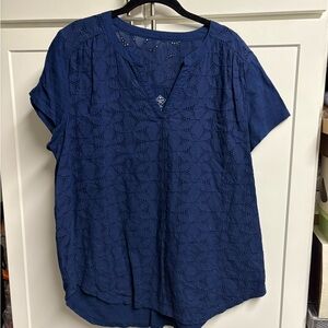 St John’s Bay Navy Short Sleeve Holy V-neck lined Short Sleeve Top Sz OX